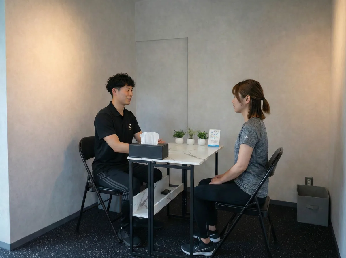 STLiNE直営店でのカウンセリング風景。トレーナーがお客様の状態をヒアリングしている様子