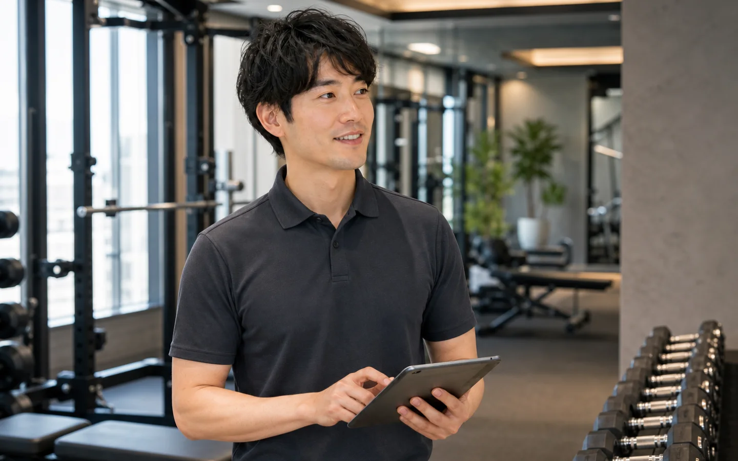 タブレットを持ってジム内を確認するスタッフ